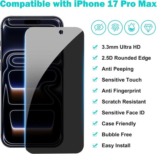 PEHAEL Privacy Screen Protector for iPhone 17 Pro Max - Full Coverage Anti-Spy Glass with Camera Lens Protector | 9H Hardness, Easy Installation, Bubble Free
