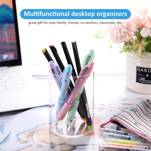 Epakh 6 Pack Clear Pen Holder Acrylic Pencil Cup Back to School Gifts Round Clear Makeup Brush Holder Acrylic Make up Brush Storage Organizer Desktop Pencil Cup for Home Office Supplies