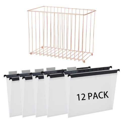 Fei Bi Hanging rose gold file manager, equipped with 12 letter sized plastic hanging folders, file baskets, file boxes, storage boxes, office and study supplies, transparent