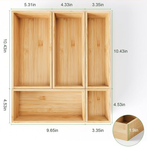 HUCINIUN Bamboo Drawer Organizer Set, 5 PCS Wooden Storage Trays for Kitchen, Bathroom, Office, Makeup