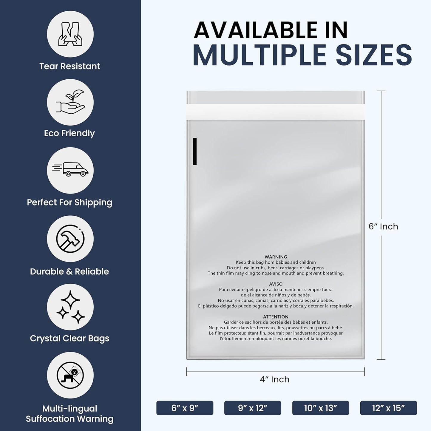 4x6 Clear Poly Bags - 500 Count Resealable Plastic Packaging with Suffocation Warning for Shipping & Storage