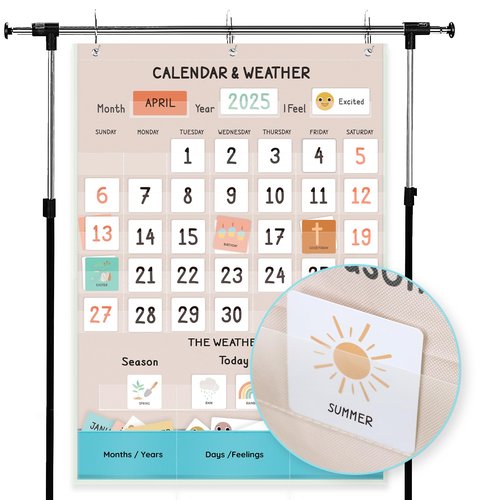 ALSLEA Calendar and Weather Pocket Chart for Classroom, 35½" x 25½" Large Boho Calendar for Kids, Preschool Toddler Learning Activities Chart, Back to School Supplies, Homeschool and Teacher Essentials 114 Cards