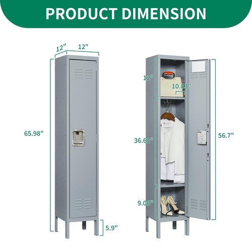 IKIMI 66" Metal Lockers for Employees Storage Locker with 1 Door and Shelves,Steel Lockable Cabinet Gray Tall Locker for School Office Gym Home Garage