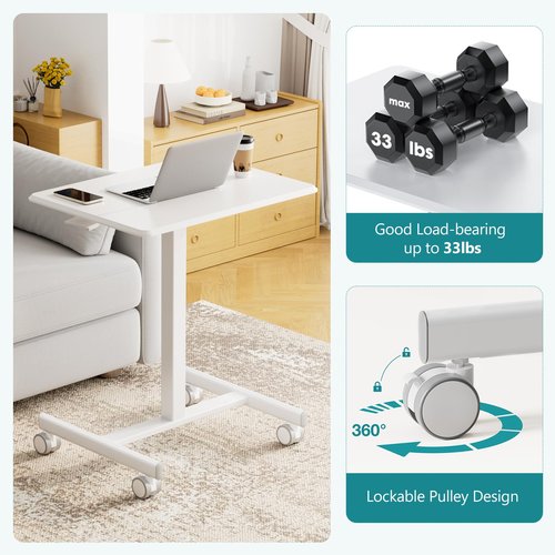 OLIXIS Small Standing Desk Adjustable Height, Portable Rolling Table on Wheels, 19 Inch Computer Mobile Desk Workstation for Home Office, White