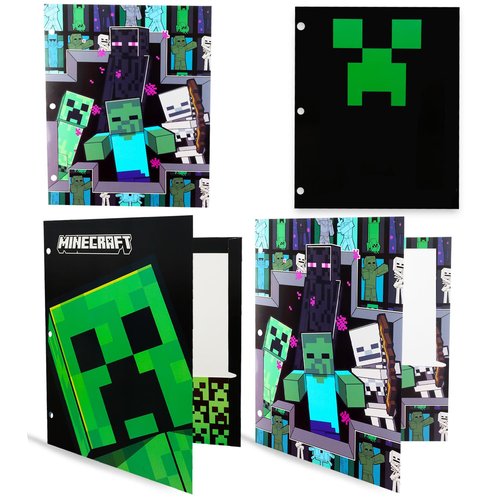 Minecraft Folders for School - Video Game Pocket Folder Bundle Includes 4 Laminated Plastic Folders Plus Stickers, More Minecraft Kids School Supplies