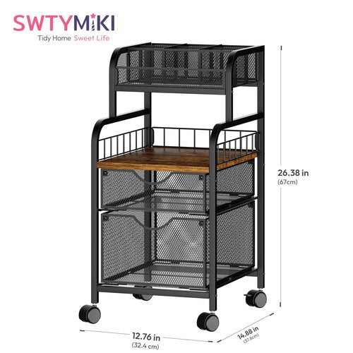 SWTYMIKI Rolling Cart with Drawers - Metal Utility Cart with Wood Shelf, DIY Divider and Locking Wheels, Craft & Art Cart Organizer for Under Desk Storage for Home Office Studio, Black