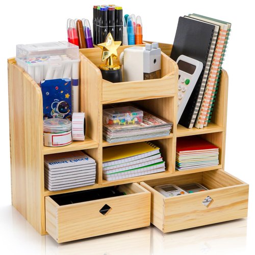 Acshio Wooden Desk Organizer with Drawers, Countertop Office Supplies Accessories Organization with 10 Compartments, Multifunctional Storage Cabinet Box Makeup Storage Shelf Rack for Home, Office