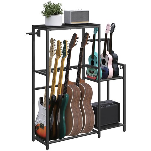 MAHANCRIS Guitar Stand, Multi-Guitar Rack, for Acoustic, Electric Guitar, Bass, Ukulele, Banjo, for 7 Guitars, Guitar AMP Stand, Record Rack, with Guitar Accessory Holder, EVA Cover, for Home Studio, Black GSHB8701