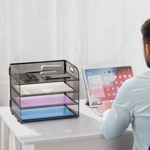 Marbrasse 4 Tier Paper Organizer Letter Tray - Mesh Desk File Organizer with Handle, Paper Sorter Organizer for Letter/A4 Office File Folder Holder (Black, 12.6" x 9.1" x 10.7")