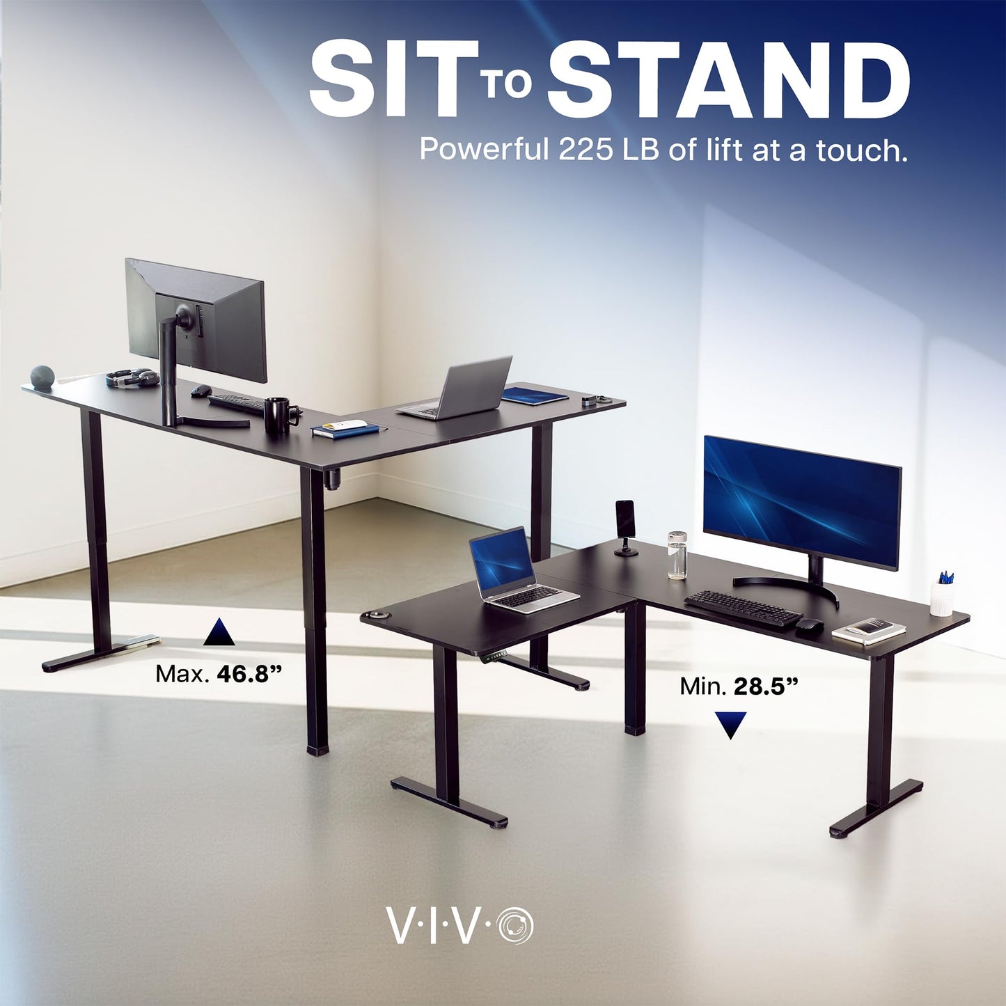 VIVO Corner Standing Desk, 63 x 47 inch Reversible L-Shaped Workstation, Electric Height Adjustment, Home, Office, and Reception Rooms, Dark Gray Table Top White Frame, DESK-E3CTWG-47