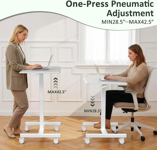 Skiennix Adjustable Height Mobile Standing Desk - Portable Sit-Stand Laptop Table with Lockable Casters | White