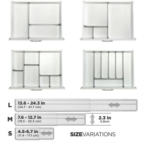 Practical Comfort Custom Drawer Organizer 6 Adjustable Aluminum Dividers, White – For Kitchen, Bathroom, Office, and More