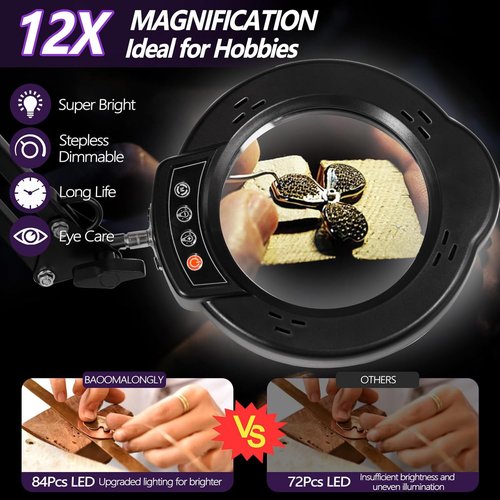 Skiennix 12X Magnifying Glass - LED Lighted with 5 Color Modes & 10 Dimmable Settings | Ideal for Crafts, Reading, and Sewing