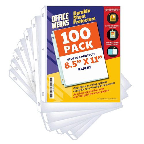 Office Werks 100 Clear Sheet Protectors, 8.5x11 Inch for 3 Ring Binder, Plastic Sheet Sleeves, Top Loading Paper Protector with Reinforced Holes, Archival Safe for Documents and Photos