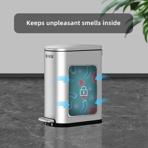 KSSKSS Slim Bathroom Trash Can - 2.6 Gallon Stainless Steel with Soft Close Lid | Removable Liner for Narrow Spaces (Silver)