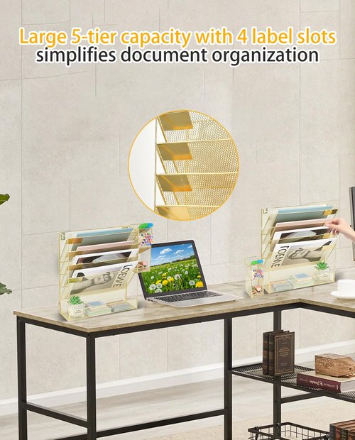 Spacrea Wall Hanging File Organizer, Gold Desk Organizers and Accessories, 5-Tier Mesh Wall Mail Organizer, Paper Document Magazine Rack with 3 Pen Holder for Office Home School