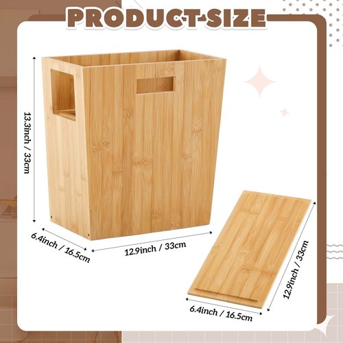 Reallnaive Slim Bamboo Trash Can for Bathroom Small Wooden Trash Can with Lid Wooden Waste Bin with Handle for Bathroom, Home, Office, Laundry, Bedroom, Kitchen, Living Room,12.9'' x 6.4'' x 13.3''