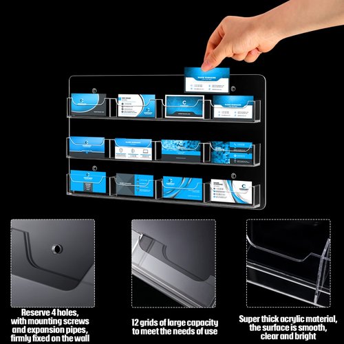 Qunclay 2 Pack 12 Pocket Acrylic Business Card Holder Wall Mount Clear Sticker Display Rack Horizontal Multiple Gift Card Rack Display Stand for Home Document Brochures Hanging Organizing Office Table