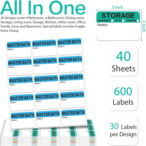 Regine Switzerland 600 Count Large Home Moving Packing Box Labels - Color Coded & Writable Notes Areas for 3-4 Bedroom House
