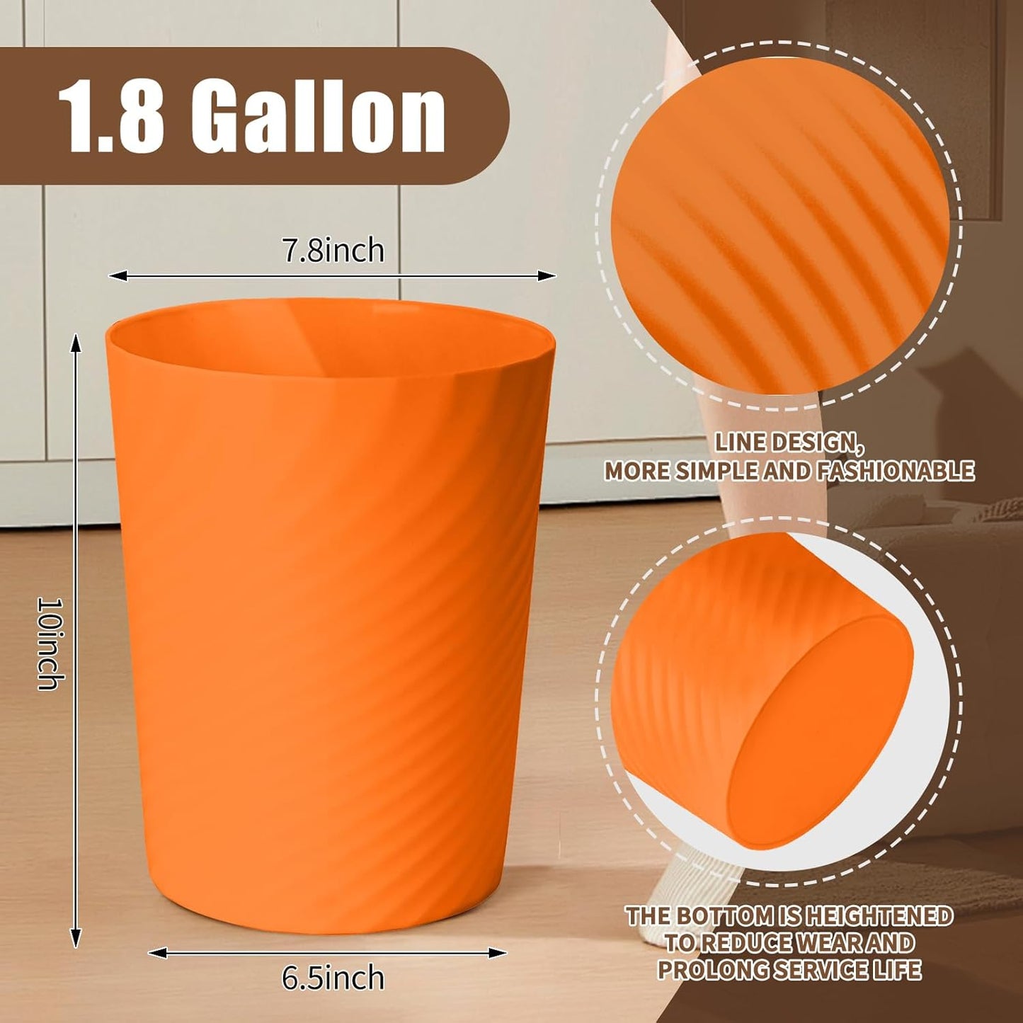 Small Trash Can | Plastic Waste Basket for Office, Home, Bathroom, Kitchen - 1.8 Gallon - Orange