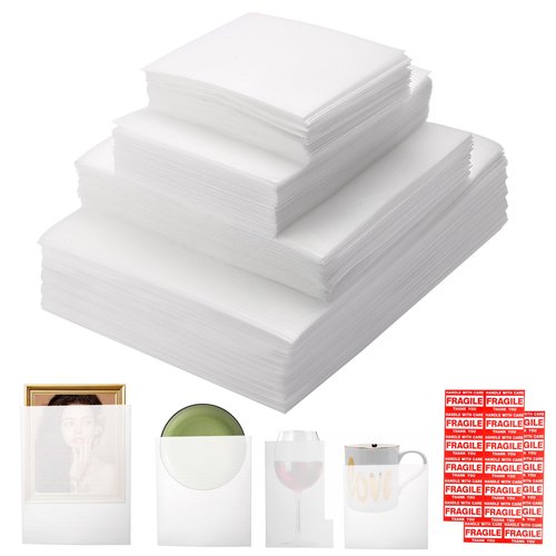 300 Pcs Foam Pouches Set for Packing Dishes, 4 Sizes Cushion Foam Sleeves (16x12, 12x12, 12x7.5, 7.5x7.5) with 100 Fragile Stickers – Protective Cushion Wrap Sleeves for Moving Supplies