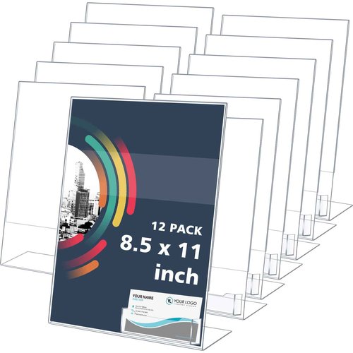 Remerry 12 Pcs Acrylic Sign Holder with Business Card Holder Slanted Paper Stand Clear Brochure Display Stand Heavy Duty Plastic Signs for Office Table Advertisement Flyer (8.5 x 11 Inch)