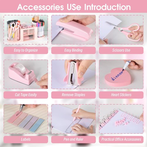 Pink Rotating Desk Organizer and Accessories,Office Supplies 360°Pen Holder with 3 Drawer and Tape Dispenser,Stapler,Staple Remover,Staples,Clips Set,Ruler,Scissor,Pen for Office School Home (Pink)