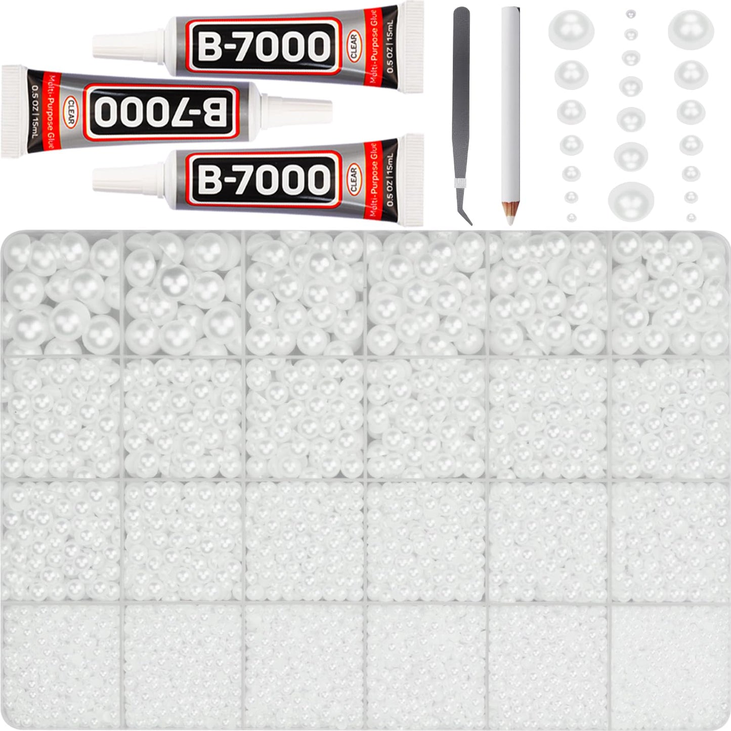 17000Pcs White Half Pearls Beads for Crafting, Flat Back Pearls Rhinestones Gem FlatBack Diamond for Decor Crafts Bedazzling Decoration Bedazzle Shoes Clothes Bedazzled 2,3,4,5,6,8,10mm and B7000 Glue