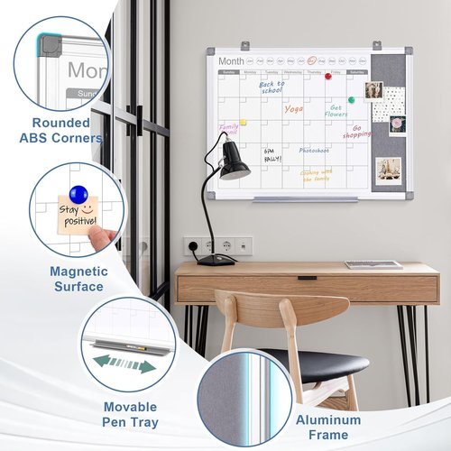 Makello Dry Erase Calendar - 24" x 18" Whiteboard & Grey Felt Board Combo for Home, Office, School