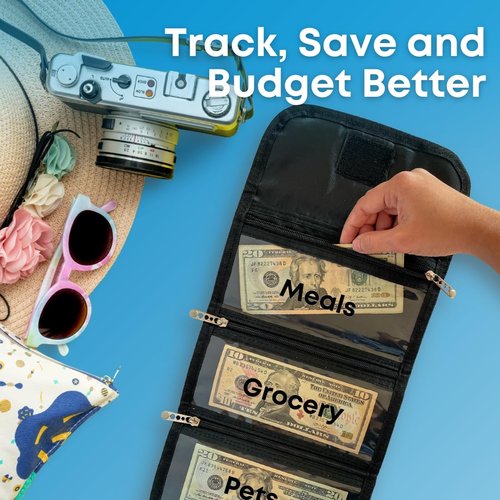 Money Wallet Organizer for Cash with 5 Zippered Pockets - Handy Currency Organizer & Cash Envelope Wallet - Ideal Money Holder for Bills, Coins, Foreign Currencies and Travel - Black