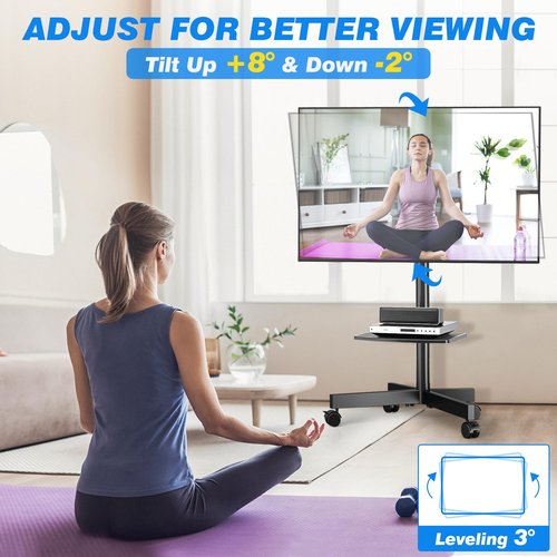 Rolling TV Stand with Shelf for 23-60 inch TVs up to 88lbs, Portable Mobile TV Cart with Silent Wheel, Tilt & Height Adjustable Universal Corner TV Stand for Bedroom, Living Room, Office