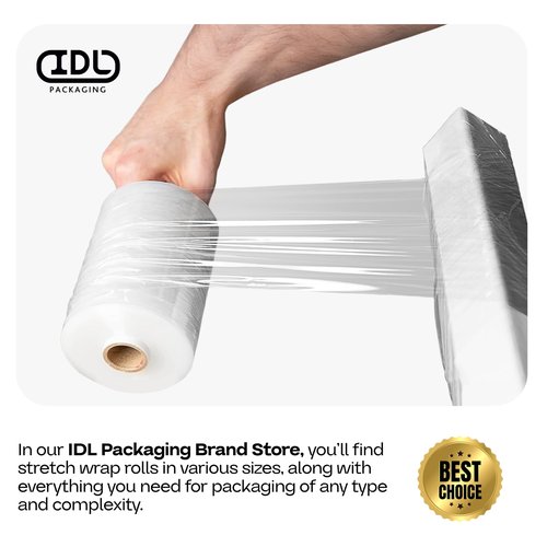 IDL Packaging 5"x 1000' Stretch Wrap Mini Roll of 80 Gauge with Extended Cardboard Handle (Pack of 8 Rolls) - Extra Sticky Clear Plastic Wrap Film - Great for Moving and Office Needs