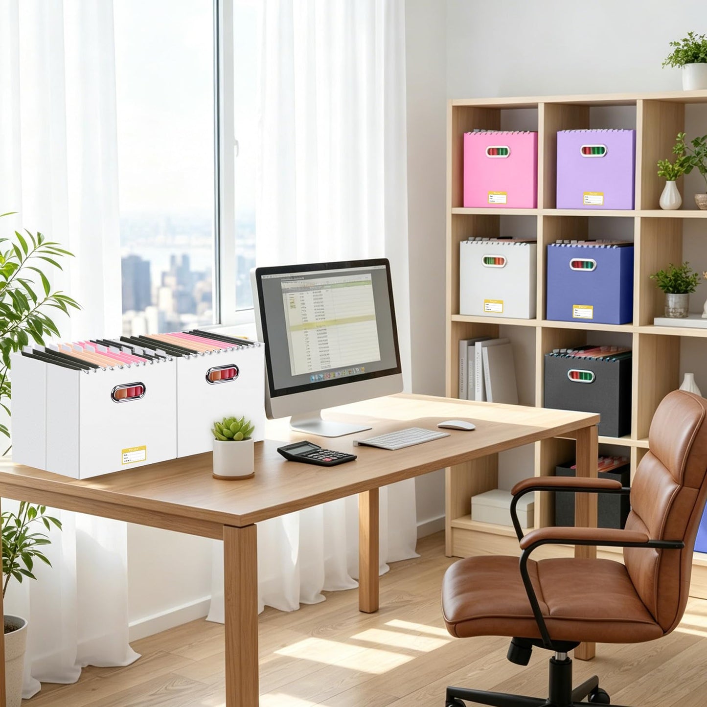 BALEINE File Organizer Box, Cardboard File Folder Organizer with Handle for Letter Size, Portable Collapsible Hanging Filing Box for Home Office Document Storage (2 Pack, Large White)