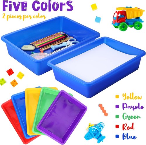 Hoteam Flat Storage Organizer Tray - 10 Pcs Stackable Plastic Bins for Classroom & Office | Multicolor, 13.78 x 9.84 x 3.15 Inch