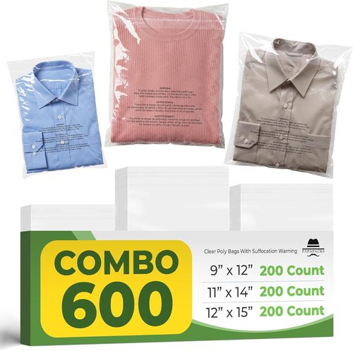 Clear Poly Bags 600 Count Combo Pack - Self-Seal Adhesive Storage & Shipping Bags (9x12, 11x14, 12x15) for Apparel & Retail