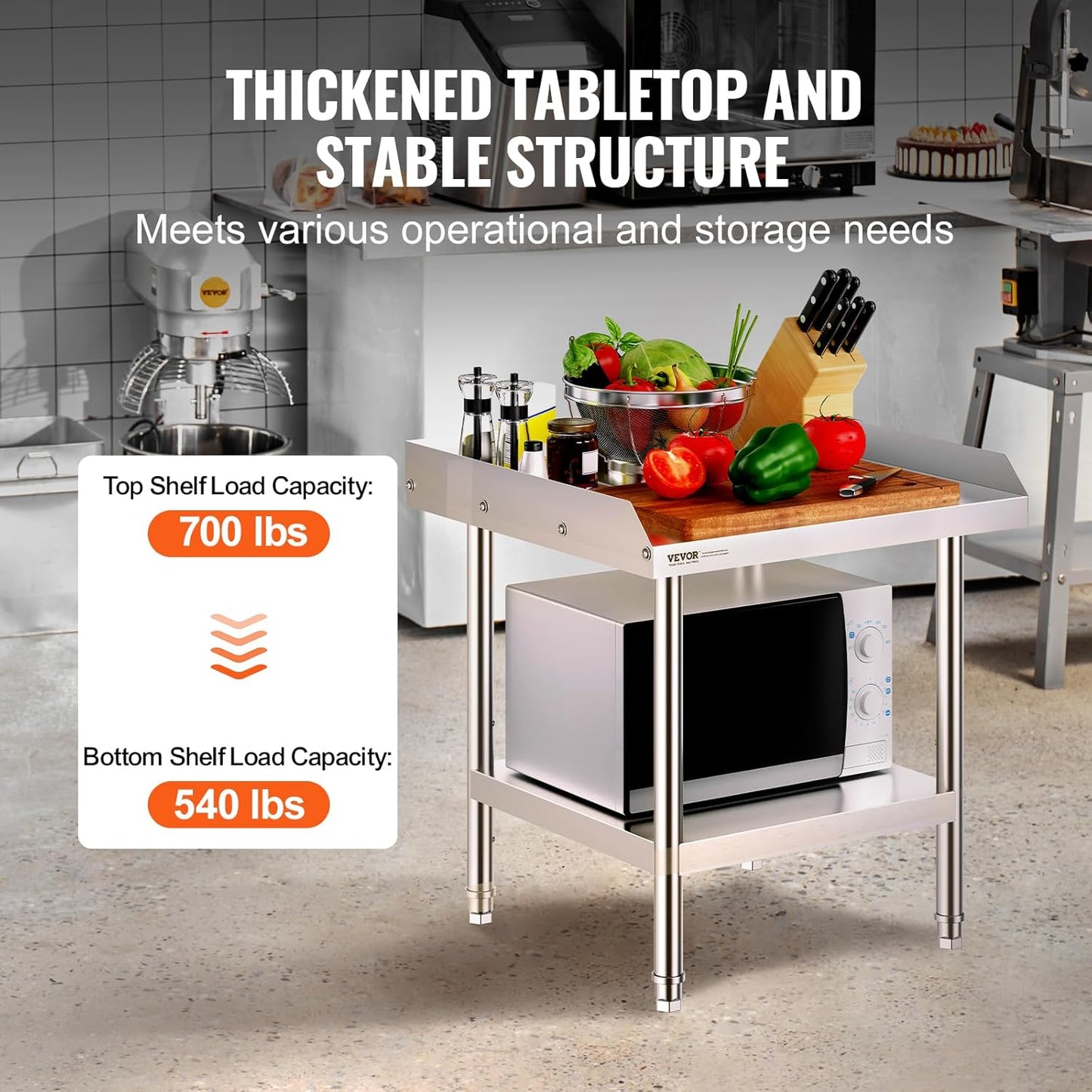 VEVOR Stainless Steel Work Table - Heavy Duty 24" x 24" Commercial Food Prep Table with Adjustable Height & 3-Sided Backsplash
