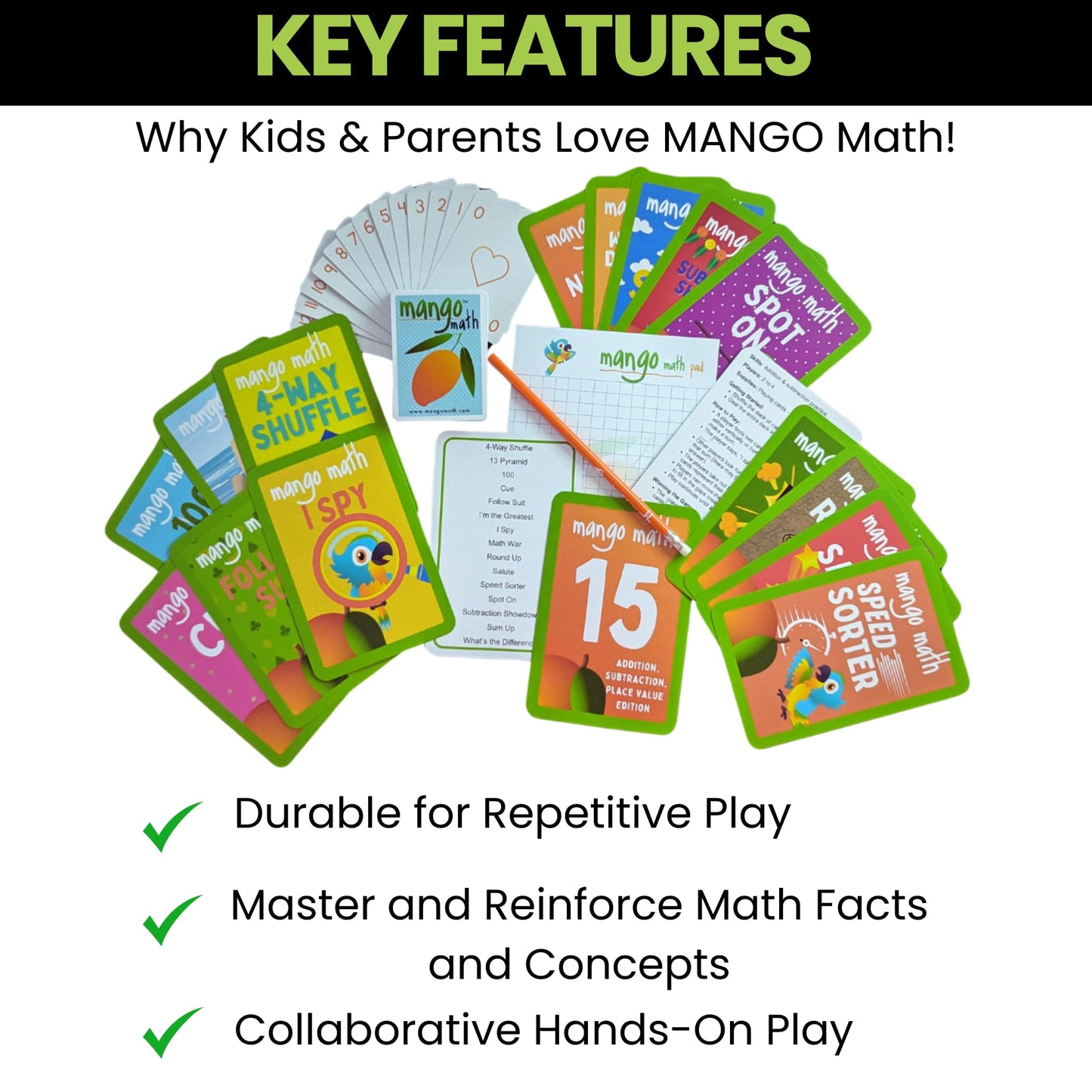 MANGO Math 15® - Math Flash Cards - Educational Math Games for Kids - Addition, Subtraction, Place Value Play & Learning Kit -2nd 3rd 4th Grades - Kids 6-12 - Set of 15 Games - English Version