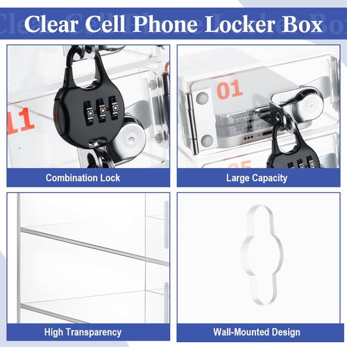 Colingmill 30 Slots Cell Phone Locker Box with Combination Lock, Clear Acrylic Phone Storage Cabinet for Back to School Classroom Students Employee Office Factory