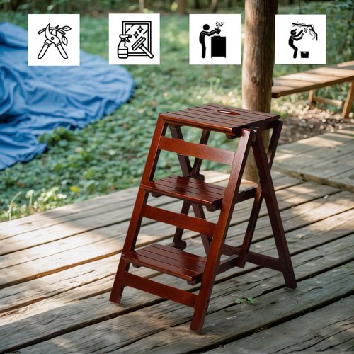 Bidesen 3 Step Stool Wooden Folding Ladder Chair Thickened Library Stair Chair Portable Light Garden Tool Ladder Maximum Load 337bl