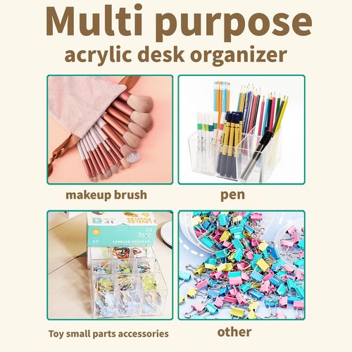 eastbao 6 pack Acrylic Pen Holder for desk cute office supplies,Stationery and makeup brush organizer,Clear Desktop Pencil Cup with 3 Compartments