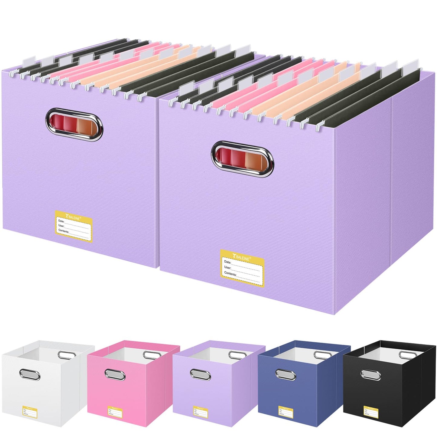 BALEINE File Organizer Box, Cardboard File Folder Organizer with Handle for Letter Size, Portable Collapsible Hanging Filing Box for Home Office Document Storage (2 Pack, Large Lavender)