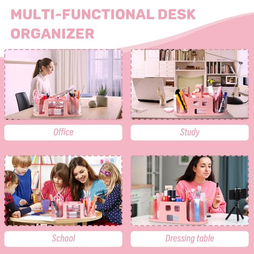 Pink Rotating Desk Organizer and Accessories,Office Supplies 360°Pen Holder with 3 Drawer and Tape Dispenser,Stapler,Staple Remover,Staples,Clips Set,Ruler,Scissor,Pen for Office School Home (Pink)