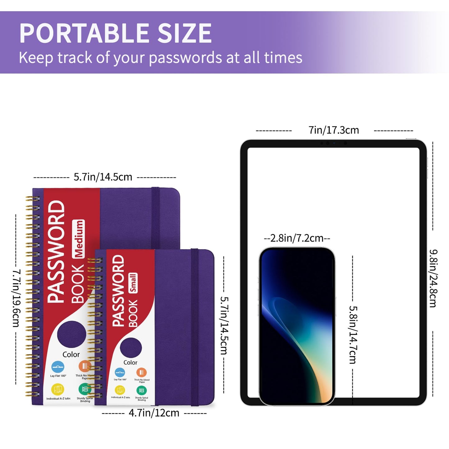 Homlive Spiral Password Book with Individual Alphabetical Tabs, Hardcover Password Keeper Book for Seniors, Password Notebook for Home or Office & Website Address Login-Purple, 5.7" x 7.7"