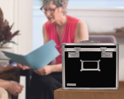 Vaultz File Organizer Storage Box - 14 x 7 x 12.19 Inch Letter Size, Portable Locking Storage Totes with Dual Combination Locks for Filing Office Documents - Super Tactical