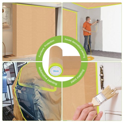 12Inchx50Feet Pre-Taped Masking Paper Roll - Heavy Painters Paper with Adhesive, Tear-Resistant for Auto Body, Wall Painting, Floor Protection, Furniture&DIY Projects(12 Roll) (12, 12inch*50feet)