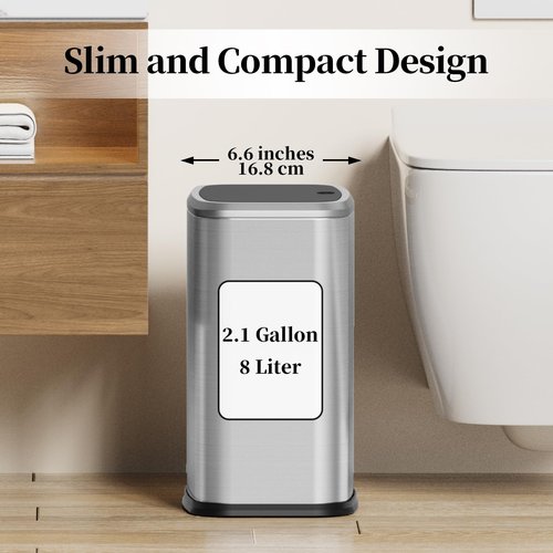 KHMMGK 2.1 Gallon Bathroom Trash Can with Lid Press Top, 8 Liter Stainless Steel Garbage Can with Press Type Lid, Slim Trash Bin Waste Basket for Toilet, Office, Bedroom, Living Room (Silver)