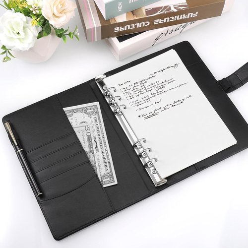 JIANTA A5 PU Leather Ring Binder - Refillable 6 Ring Cover for A5 Filler Paper | Black Budget Notebook