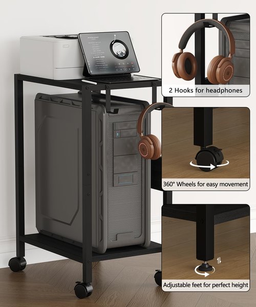 Akxomel 16.5" W Computer Tower Stand with Charging Station and USB Port, 2 Tier Mobile Floor PC Stand Fits Under Desk, Rolling Printer Stand with Hooks, CPU Holder Cart for Carpet, Home Office