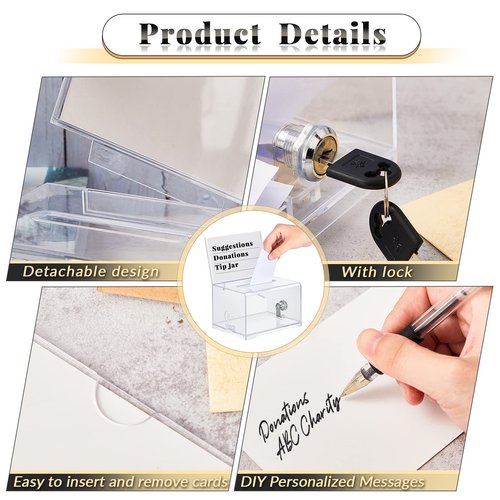 Lewtemi 2 Pack Acrylic Donation Box with Lock and Sign Holder Clear Ballot Box 6.25'' x 4.5'' x 4'' Suggestion Boxes Storage Container with White Cardboard for Fundraising Voting Charity Tip