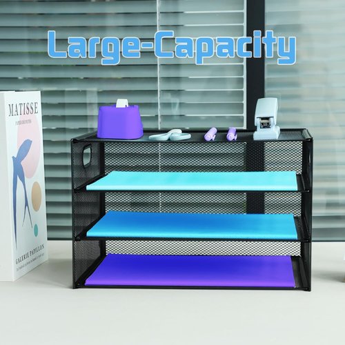 Skiennix 3-Tier Desk Organizer - Pull-Out Mesh File Tray for A4 Paper Storage | Black